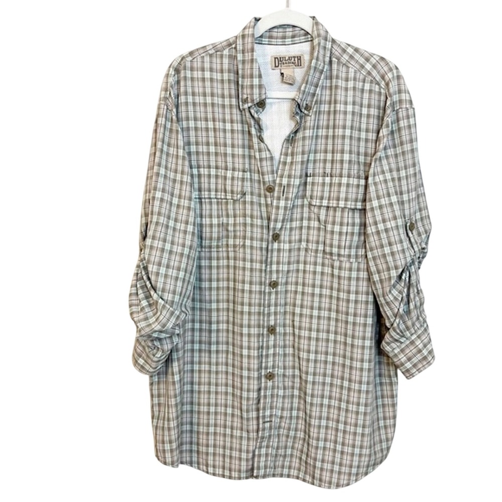 Duluth Trading Co Armachillo Plaid Shirt Mens Large Tall Vented Fishing Brown
